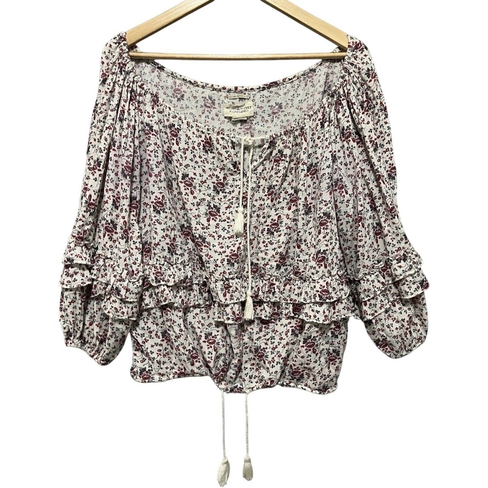 Denim & Supply Ralph Lauren RL Boho Floral Ruffle Peasant Blouse Tassel XS
